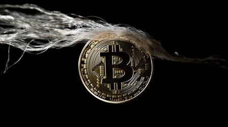 A striking image of a golden Bitcoin coin set against a dark background, symbolizing the future of finance and digital currency investment.の素材