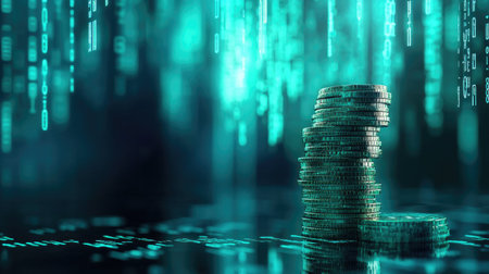 A striking image of stacked coins set against a digital, futuristic backdrop. The glowing design evokes themes of finance, technology, and wealth.の素材
