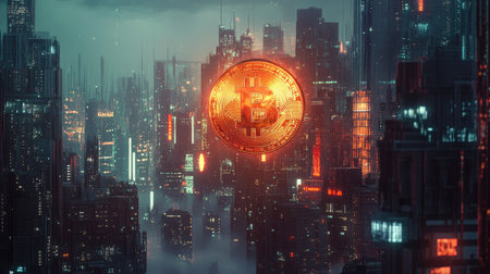 Explore a stunning futuristic cityscape featuring a glowing Bitcoin symbol hovering above the urban environment, symbolizing innovation and digital currency.の素材