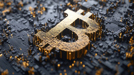 An artistic representation of a golden Bitcoin symbol, set against a textured digital background, showcasing the fusion of technology and finance.の素材