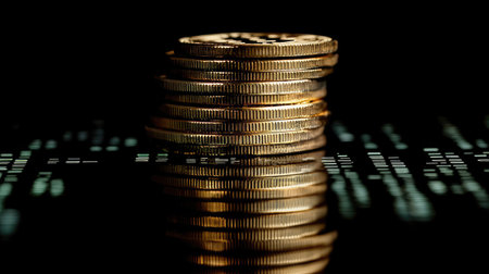 A close-up of stacked gold coins rests on a dark background, showcasing their shine and reflection, symbolizing wealth and financial growth.の素材