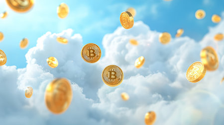 This vibrant image depicts floating Bitcoin coins amidst fluffy clouds in a clear blue sky, symbolizing the rising value and potential of digital currency in todayの素材