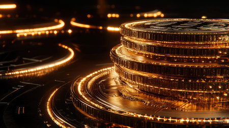 A stunning close-up of glinting gold coins stacked on a dark background, symbolizing wealth and luxury with a shining glow and intricate details.の素材