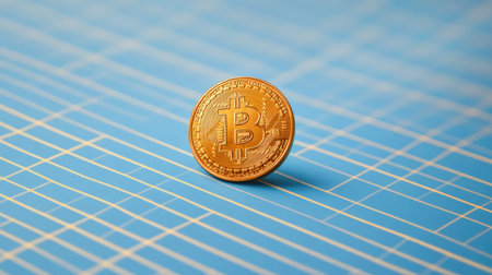 A striking golden Bitcoin coin set against a vibrant blue background, symbolizing modern finance and cryptocurrency. Ideal for digital asset themes.の素材