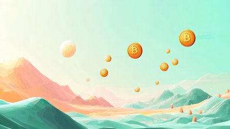 A vibrant digital artwork showcasing a surreal landscape with floating Bitcoin icons, symbolizing innovation in cryptocurrency and modern finance. Ideal for tech and finance themes.の素材