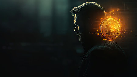 This captivating digital artwork features a silhouette of a man with a glowing bitcoin symbol, representing the innovation and potential of cryptocurrency in today's market.の素材