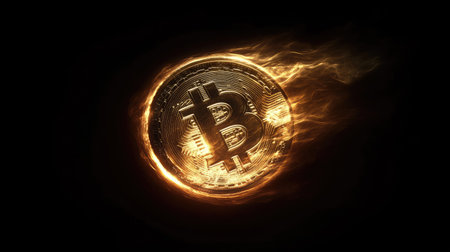 A striking image of a glowing Bitcoin symbol on a dark background. The fiery effect adds drama, representing the innovation in cryptocurrency and digital finance.の素材