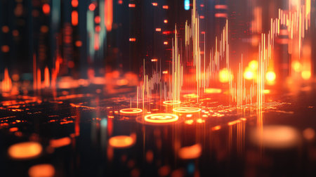 Abstract digital data visualization showcasing vibrant lights and patterns, representing technology and modern analytics in a futuristic style.の素材