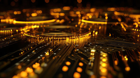 A captivating abstract image showcasing golden circuitry intertwined with sparkling lights, creating a futuristic and dynamic visual atmosphere. Ideal for technology and art-themed projects.の素材