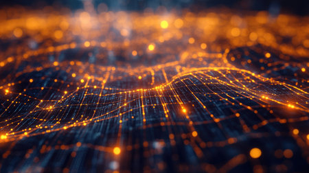 This abstract digital landscape features glowing lines and dots creating a dynamic network of connections. Perfect for technology or innovation themes.の素材