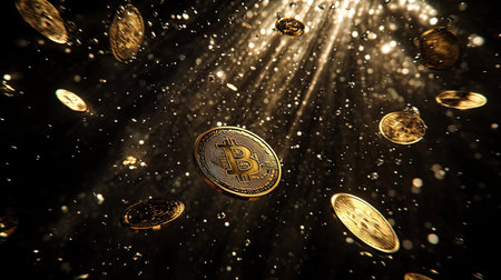 This captivating digital artwork features glimmering Bitcoin coins floating in a dark background, symbolizing wealth and the future of finance through cryptocurrency.の素材