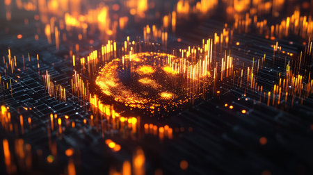 Explore a vibrant abstract visualization featuring glowing digital patterns and waves, perfect for projects related to technology and innovation.の素材