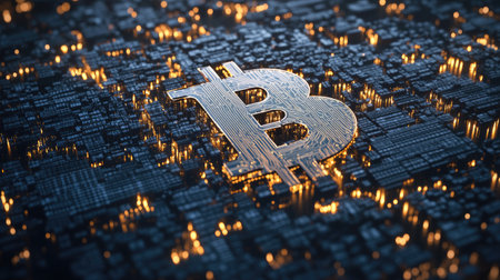 A striking visualization of the Bitcoin symbol set against a detailed digital circuit background, showcasing the intersection of technology and finance in a vibrant, illuminated scene.の素材