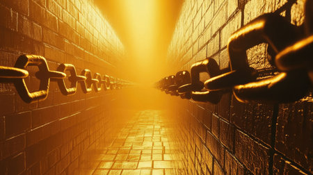 A captivating image of golden chains stretching down a dimly lit passageway, creating an ethereal atmosphere filled with mystery and depth. Ideal for artistic and conceptual uses.の素材