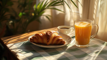 A serene morning scene featuring a croissant, a cup of coffee, and fresh juice on a table bathed in sunlight, embodying relaxation and enjoyment.の素材