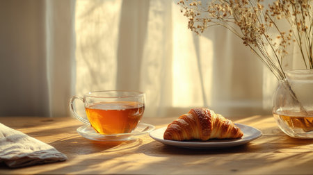 A warm cup of tea paired with a fresh croissant sits on a wooden table, illuminated by soft sunlight, creating a cozy breakfast scene perfect for relaxation.の素材