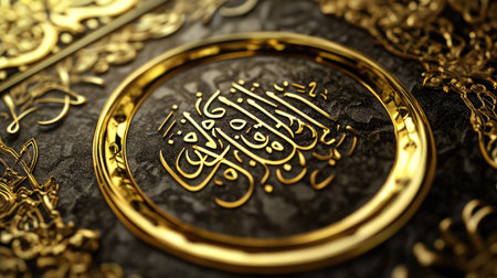 An exquisite display of golden Arabic calligraphy, showcasing intricate details and rich textures. Ideal for cultural and artistic themes.の素材