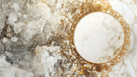 This stunning image features a luxurious marble background with intricate gold detailing framing a round section, perfect for elegant design projects or upscale decor.の素材