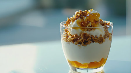 This appetizing yogurt parfait features layers of creamy yogurt, crunchy granola, and a drizzle of honey, perfect for a healthy breakfast or snack.の素材