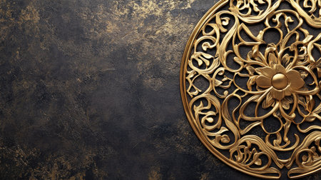 This image features an ornate gold decorative design on a dark textured background. Ideal for showcasing luxury and elegance in interior decor themes.の素材
