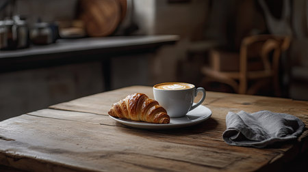 A warm scene featuring a croissant and coffee cup on a rustic wooden table, perfect for a cozy breakfast or cafの素材