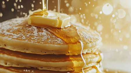 A close-up of fluffy pancakes drizzled with sticky maple syrup and topped with melting butter, creating a warm and inviting breakfast scene.の素材
