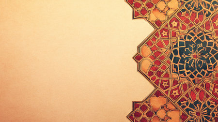 This decorative image showcases an intricate Islamic pattern in rich colors and detailed design, perfect for backgrounds, textiles, or artistic projects.の素材