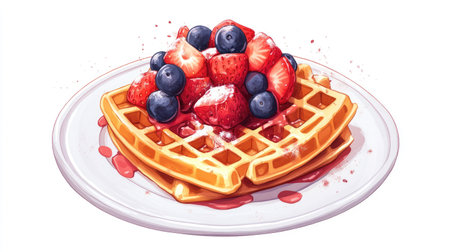 Enjoy a tempting plate of waffles topped with fresh berries and drizzled with syrup. This delightful dish is perfect for breakfast, brunch, or any sweet craving.の素材