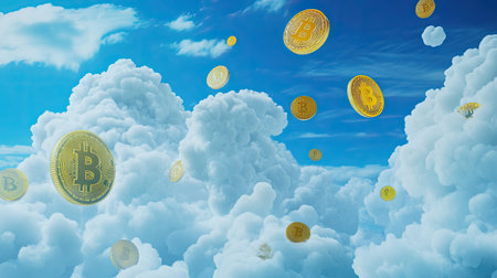 A surreal image featuring floating bitcoin coins among fluffy white clouds in a bright blue sky, symbolizing digital currency and financial innovation.の素材