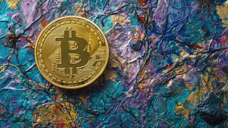 A gleaming bitcoin coin rests on an abstract, colorful textured background, symbolizing modern finance and digital investment in a vibrant artistic setting.の素材