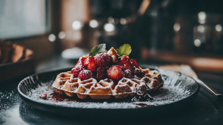 Enjoy a mouthwatering waffle topped with fresh berries and mint. Perfect for breakfast or dessert, this stunning dish offers a delightful culinary experience.の素材