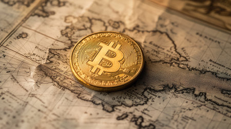A golden Bitcoin coin rests on an antique map, symbolizing the intersection of traditional travel and modern digital finance. Perfect for concept imagery.の素材