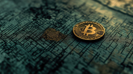 A close-up view of a Bitcoin coin on an abstract digital background. This image captures the essence of cryptocurrency and its connection to modern finance.の素材