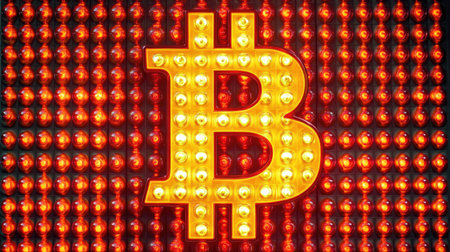 Vibrant Bitcoin sign featuring glowing LED lights on a red background, showcasing cryptocurrency's significance in the modern financial landscape.の素材