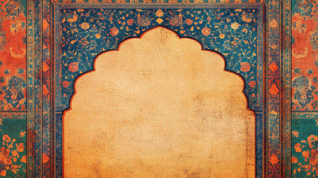 This ornate vintage background features a decorative border and vibrant colors, perfect for various design projects that require elegance and cultural richness.の素材