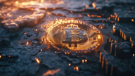 A stunning close-up view of a glowing Bitcoin symbol set against an abstract digital background, representing cryptocurrency and modern finance innovations.の素材