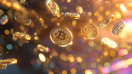 A stunning visual of bitcoin coins cascading through a vibrant background filled with colorful lights. This artwork represents digital currency and innovation in finance.の素材