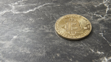 A shiny golden Bitcoin coin rests prominently on a textured dark marble surface, representing the digital currency trend, investment innovation, and modern finance in today's economy.の素材
