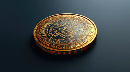 This image features a golden coin with a detailed digital pattern, symbolizing cryptocurrency and modern finance concepts. Ideal for tech and investment topics.の素材