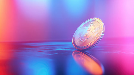 Eye-catching representation of a Bitcoin coin with vibrant colored lights set against a smooth surface, symbolizing the future of digital finance and investment in cryptocurrency.の素材