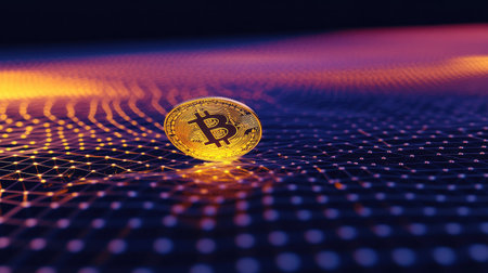 A captivating golden bitcoin coin rests on a digital grid background, symbolizing the intersection of finance and technology in the cryptocurrency world.の素材