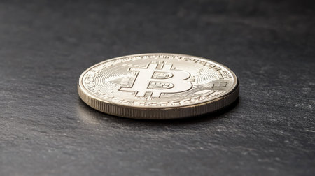 A detailed, close-up image of a Bitcoin coin resting on a dark slate surface, highlighting the essence of cryptocurrency and modern financial innovation.の素材