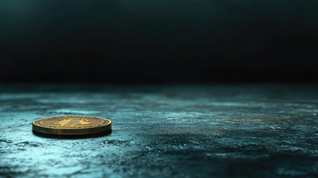 A detailed close-up image of a cryptocurrency coin on a dark surface, highlighting the modern financial technology and investment opportunities in the digital world.の素材