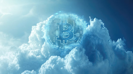 An artistic visualization of the Bitcoin symbol emerging from clouds, representing the intersection of cryptocurrency and cloud technology in modern finance.の素材