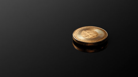 A striking golden coin rests on a sleek black surface, emphasizing themes of wealth and investment. Ideal for financial projects or artistic representations of prosperity.の素材