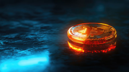 Stunning image of a glowing Bitcoin coin resting on a dark surface, illuminated by blue and orange lights, representing the innovative world of cryptocurrency and digital economy.の素材