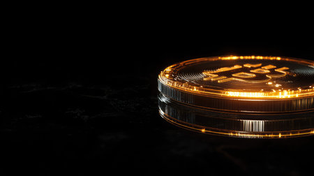 Close-up of a glowing golden coin on a dark background, representing modern currency and investment in cryptocurrency. Reflects innovation and digital finance trends.の素材