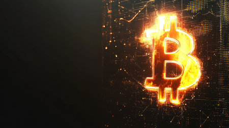 A mesmerizing glowing bitcoin symbol against a dark backdrop, showcasing the dynamic world of cryptocurrency and its impact on the financial landscape.の素材