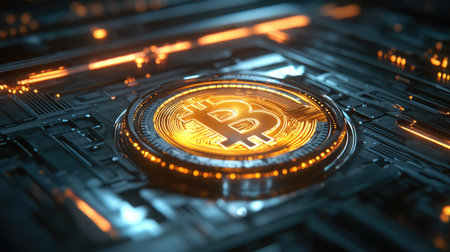 Explore a captivating digital representation of a Bitcoin symbol, enveloped in a high-tech background, highlighting the essence of cryptocurrency and modern finance.の素材