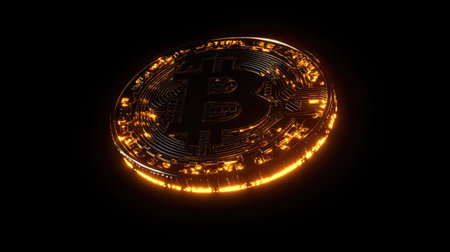 A vivid 3D rendering of a glowing bitcoin symbol set against a dark backdrop, symbolizing the rise and significance of cryptocurrency in the modern economy.の素材